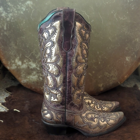 CORRAL E1594 distressed brown leather snip toe cowgirl boots metallic inlay sz 8 - Picture 8 of 16
